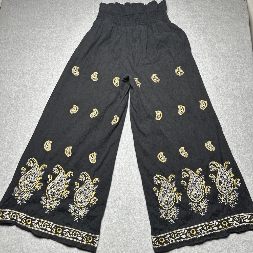 Anthropologie Maeve Smocked Wide Leg Embroidered Pants lined boho festival Small - Picture 4 of 11
